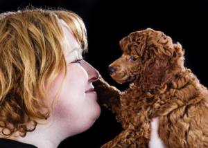 Beate Foltas mit Zwergpudelwelpen vom roten Bernstein